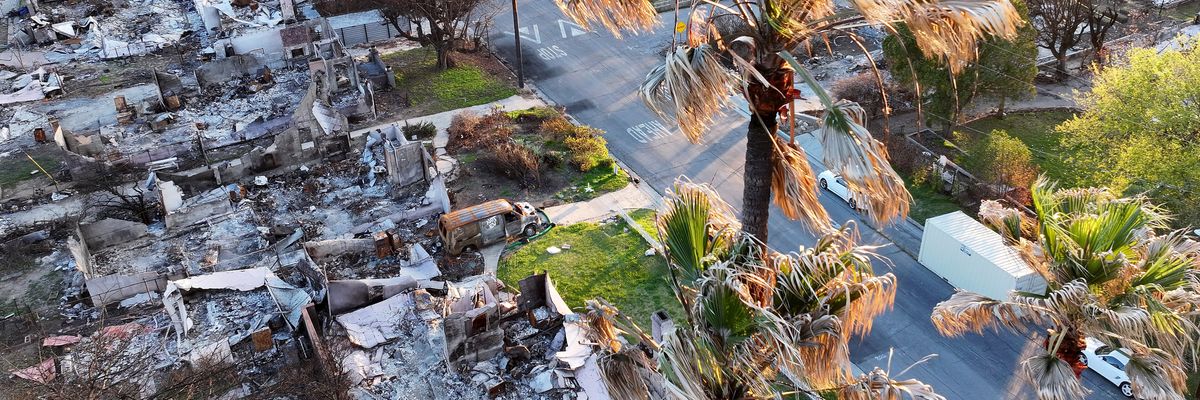 ​An aerial view shows homes destroyed in the Eaton Fire.